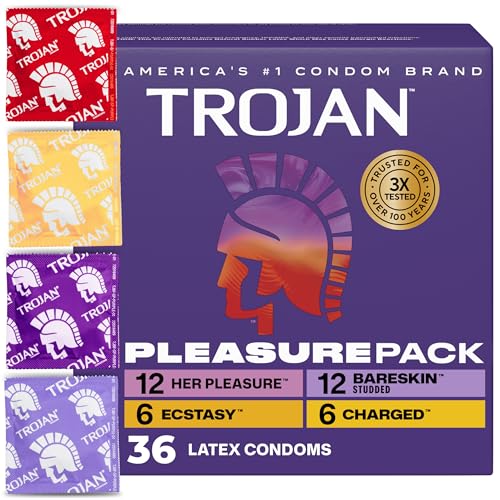 Trojan Pleasure Pack, Assorted Latex Lubricated Condoms for Men, Her Pleasure, Bareskin Studded, Ecstasy & Charged Varieties, Condom Variety Pack 36 Count