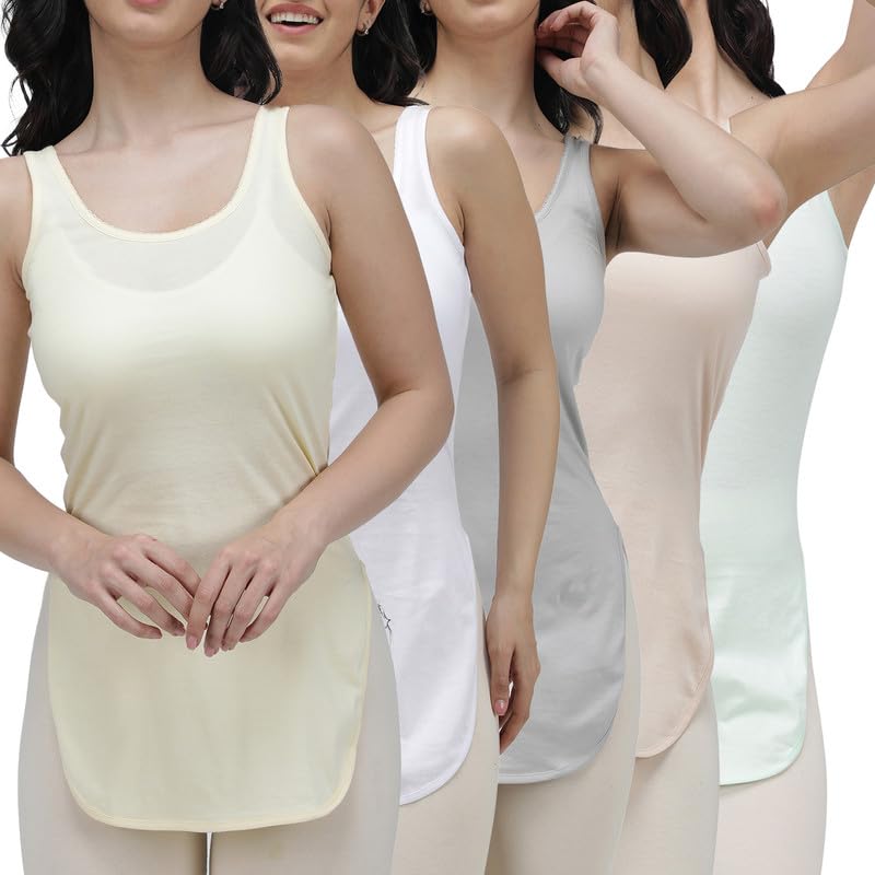 Image of Amul Comfy Combo Pack Sleeveless Solid Cotton Long Slips for Women(Assorted Colours May Vary)