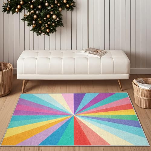 Tapis lavable en machine anti-glisse à motif géométrique multicolore