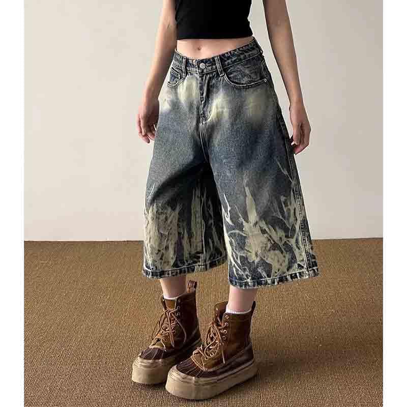 BXCNCKD Unisex Lightning Pattern Denim Retro Gradient Loose Wide Leg Pants Straight Quarter Pants2