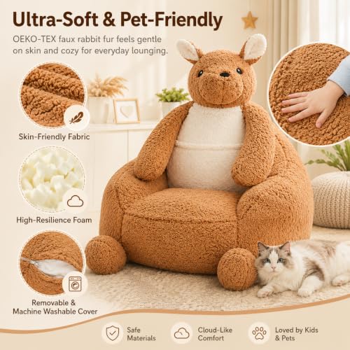 Image of 31 Inhces Memory Foam Bean Bag Chair - Ultra Soft Faux Rabbit Fur Sofa with Handle & Machine Washable Cover, Comfy Lazy Chair for Kids Teens, Perfect for Reading Gaming in Living Room Bedroom,Brown
