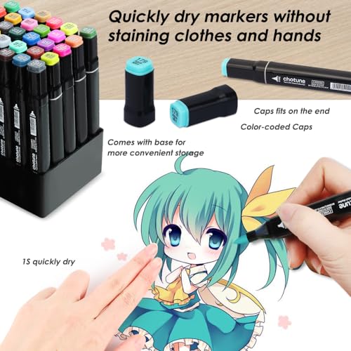 Image of CHOTUNE Marker pen, 168 colours, alcohol marker, latest model of markers with fine tip and brush tip with base and carry bag, suitable for comics, anime illustrations or calligraphy