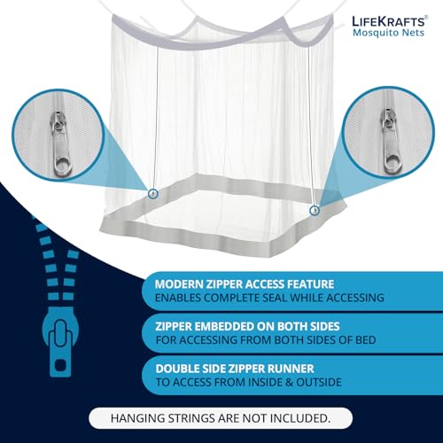 Image of LifeKrafts Bed Mosquito Net - Mega King Size Polyester Machardani (8ft x 8ft,Elegant White with Grey Border) | Double Zipper Entry | Washable & Durable Net for Peaceful Sleep