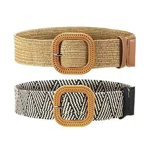 Fashion Vintage Boho Straw Woven Belt, Braided Belt Women's Round Square Buckle Dress Long Gown Decorative Belt.