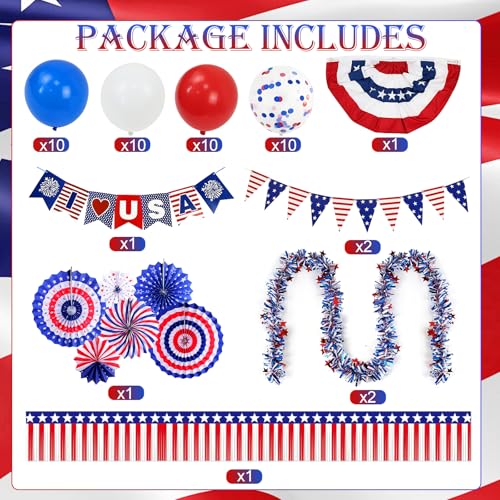 Image of 53PCS 4th of July Car Parade Decorations LOVE USA Banner Bunting Wreath Red White Blue Paper Fans Balloons Decoration Star Streamer Independence Day Party Supplies