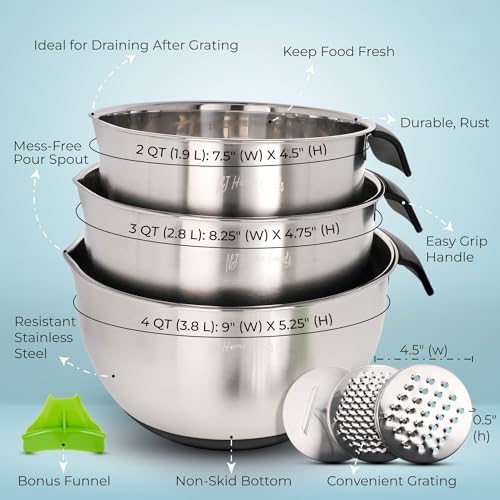 Homeware Stainless Steel Mixing Bowl With Lids Set Handles for Holidays: Gift Set For Kitchen With Pour Spout Non Slip Silicone Base On Bowls Strainer Graters For Kitchen - Thumbnail 3