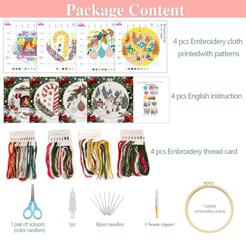 Image of Zhenqing 11CT Stamped Cross Stitch Kit for Adults - 4-Piece Christmas Embroidery Set with 20x20cm Fabric, Plastic 16cm Hoop, Threads & Instructions, Holiday Decor (68447)