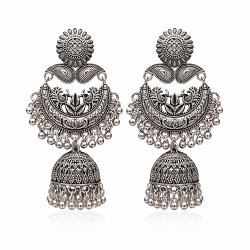 Image of I Jewels Traditional Oxidized Chandbali Jhumka Earrings with Floral and Leaf Motif for Women (E3469OX)