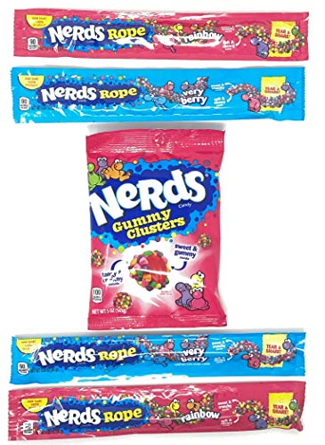 Nerds Gummy Clusters 5oz & Nerds Very Berry & Rainbow Rope Variety Pack (Variety Pack of 5)