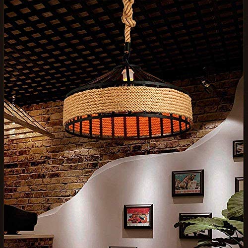 Chandelier cage de fer ronde suspendue en corde de chanvre vintage pour salon industriel