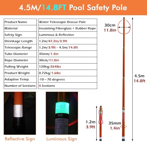 Barra de alcance salvavidas con diseño reflectante, soporta 120 kg de carga para rescate de emergencia en piscinas, lagos y muelles