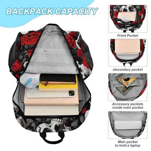 Backpack Red Rose Skulls Book Bag Daypack Shoulder Bag Lightweight Back Pack with Lunch Box Travel Laptop Daypack 18.5 x 11.8 In4