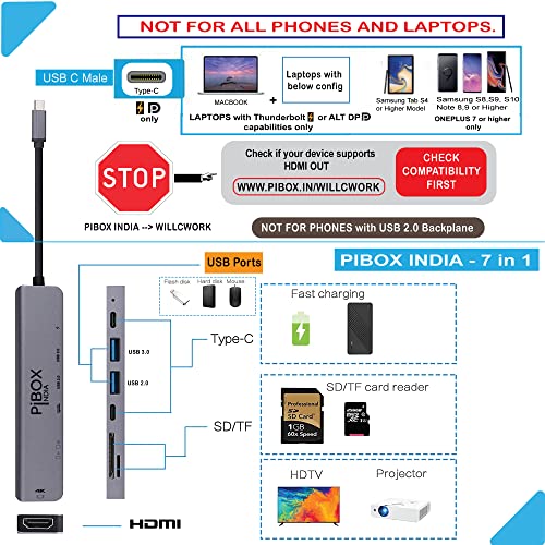 Image of PiBOX India - USB C Hub Dock- 7 in 1 with 4K 30HZ HDCP Compliant, Aluminum Type C Adapter with 4K HDMI Port, USB 3.0 Port, USB-C Power Delivery, TF /SD Card Reader, MacBook /Dell /Samsung USB C Devices
