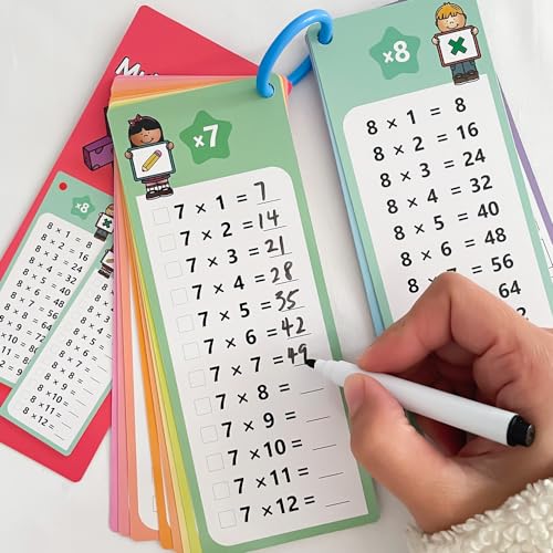 Lachilly Multiplication Flash Cards 0-12 with 2 Dry Erase Pens, Educational Times Table Flashcards for Kids, Self Check Classroom Home Learning Aids, Elementary School Teacher Teaching Aids, 15 Cards