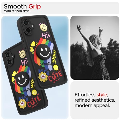 Image of Pikkme Back Cover for Samsung Galaxy A04 | Soft Silicone| Cute Rainbow Smile & 3D Cartoon Flower Design | Shockproof Raised Camera Protection Bumper Case (Black)