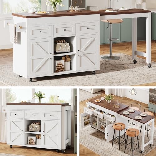 Yihomfy Îlot de Cuisine avec Rangement et Plan de Travail Extensible (131.5-210 cm) - Îlot Central Cuisine Table Bar/Îlot Central Mobile avec Tiroirs et...