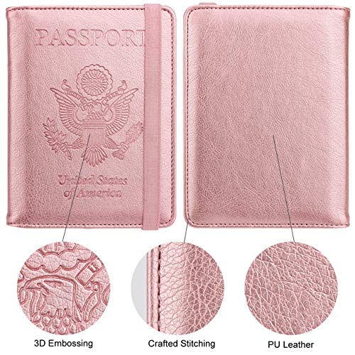 Image of WALNEW Passport Holder for Travel, RFID Passport Cover Wallet for Women Men, PU Leather Passport Book Card Holder Case with Pen (Upgraded, Upgraded-Rosegold)
