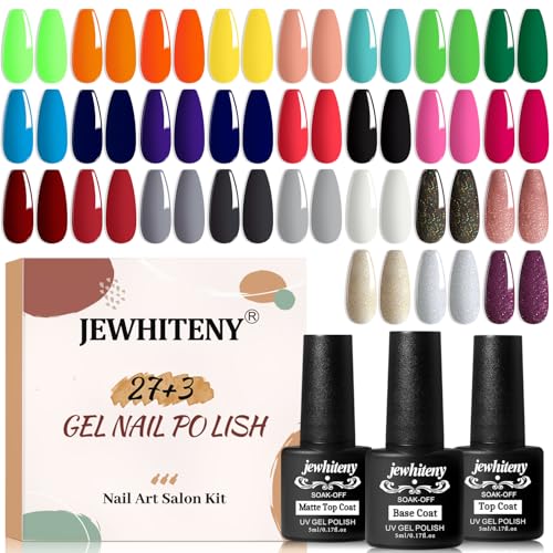 JEWHITENY 30pcs Gel Nail Polish Kit With 27 Colors + Matte Top Coat, Base Coat And Top Coat Polish...