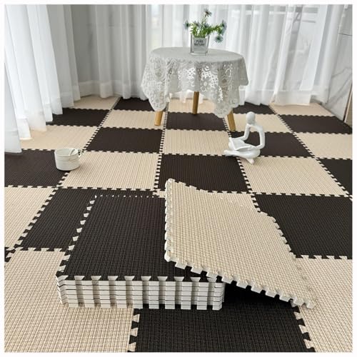 Paquete de 30 azulejos entrelazados, tapetes de espuma de lino y algodón de 12 x 12 pulgadas con borde, alfombras cuadradas de rompecabezas para el hogar, la oficina y la sala de juegos de los niños