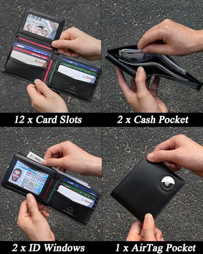 AirTag Wallet - Top Grain Leather Bifold Mens Wallet with AirTag Holder, RFID Blocking Wallet for Men with 2 ID Window 12 Card Holders and Gift Box - Black3