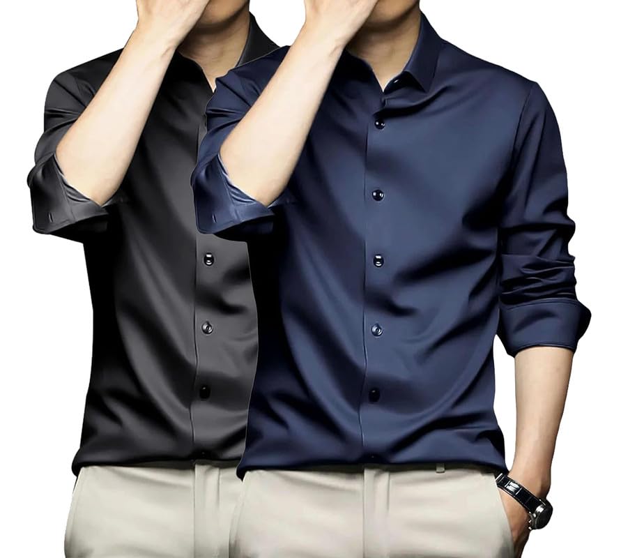 Image of DEELMO Combo of Men's Stylish Solid Satin Casual Shirt for Men Full Sleeves| Poly Satin Silk Shirt Pack of 2