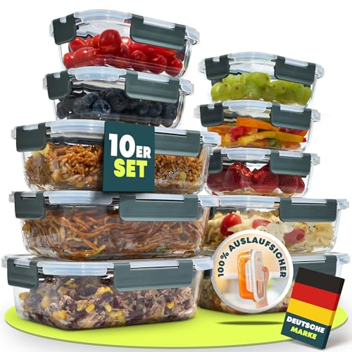 uandu Glasbehälter mit Deckel, 10- teilig, Meal prep Gläser, Frischhaltedosen Glas mit Deckel, Glasdosen mit Deckel Set, Meal prep Boxen Glas