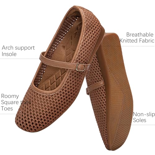Image of Buyrew Women's Mary Jane Flats Breathable Mesh Square Toe Ballet Flats with Arch Support Washable Non Slip Casual Dress Shoes for Work Office