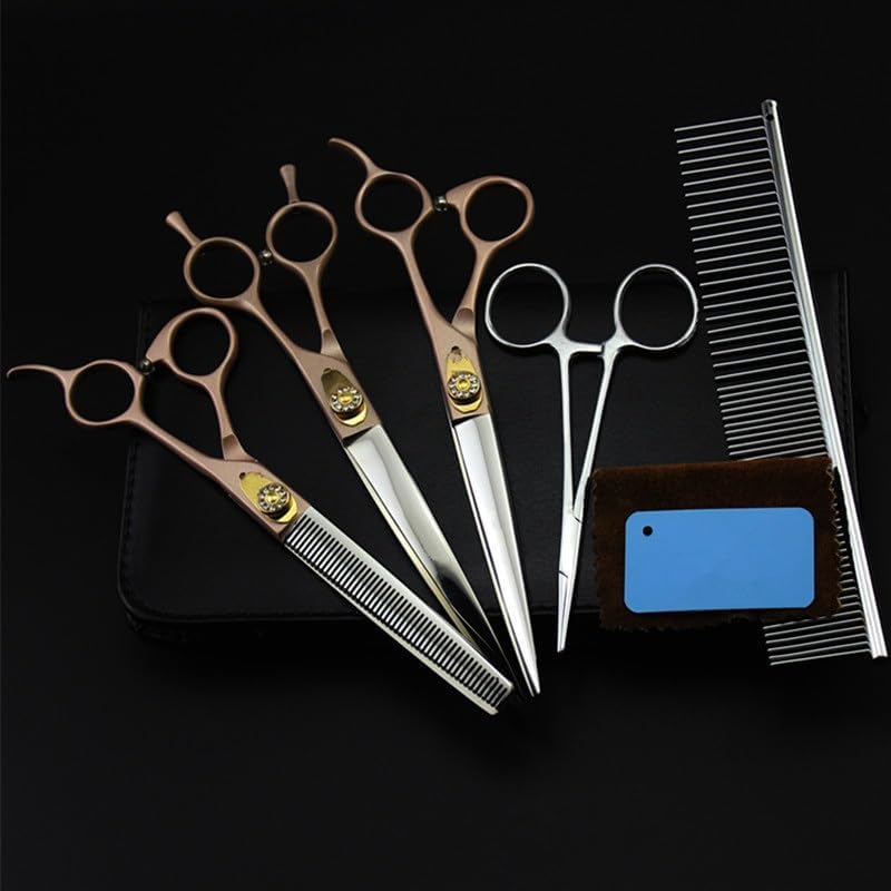 Dog Grooming Scissors Shears, 5PCS Japan Steel 7 Inch Rose Pet Dog Grooming Hair Cutting Scissors Cut Shears Thinning Barber Hairdressing Scissors Kit