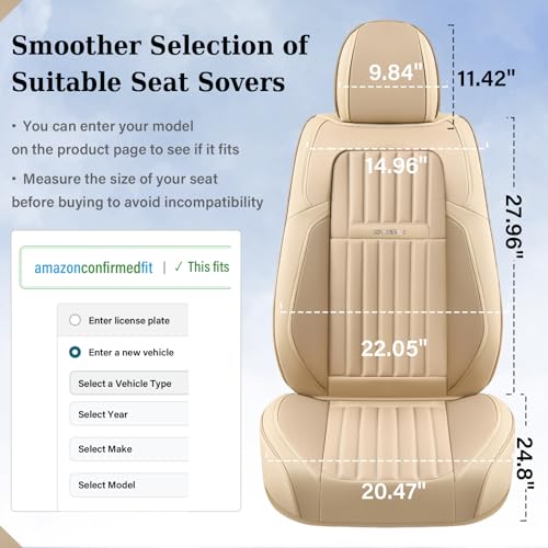 Image of Coverado Front and Back Seat Covers for Cars, Nappa Leather Car Seat Covers, Automotive Seat Covers for Trucks, 5 Seats Waterproof Carseat Protector Car Seat Cover Beige, Universal Fit for Most Cars