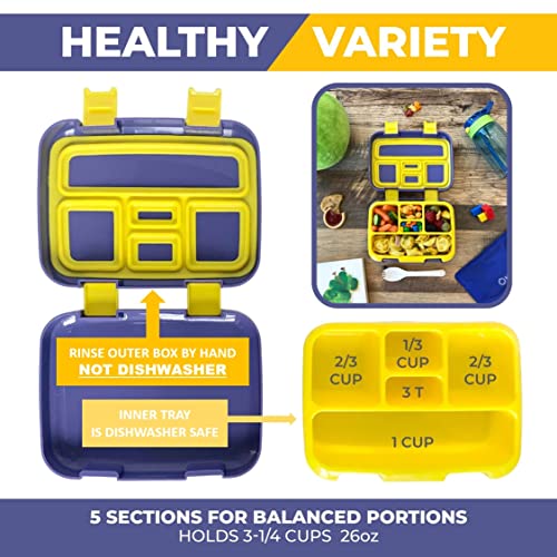 Image of Bento Box With Thermo, Insulated Lunch Bag, & Ice Pack Set For Kids Or Toddlers. Stainless Steel Food Jar, 5 Compartment Lunch-Box For Pre-School Or Daycare, Blue Yellow Trucks