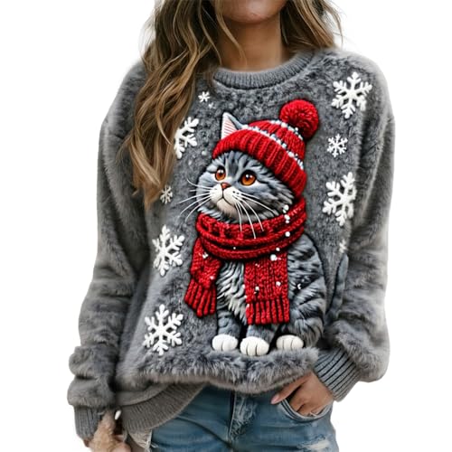 Weihnachts-Sweatshirt für Damen 3D-Katze Bedruckt Fleecepullover...