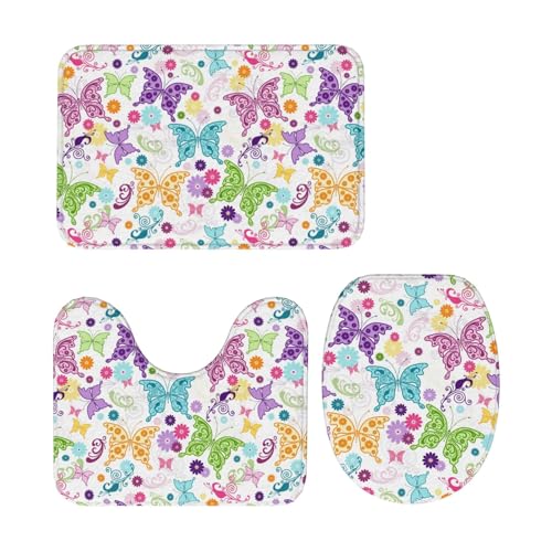 トイレマット 花柄 蝶柄 3点セット 足元マット 便座カバー マットフタカバー U型 O型 トイレ兼用 滑り止め おしゃれ バスマット 洗える 浴室 玄関 家庭用 ホテル用