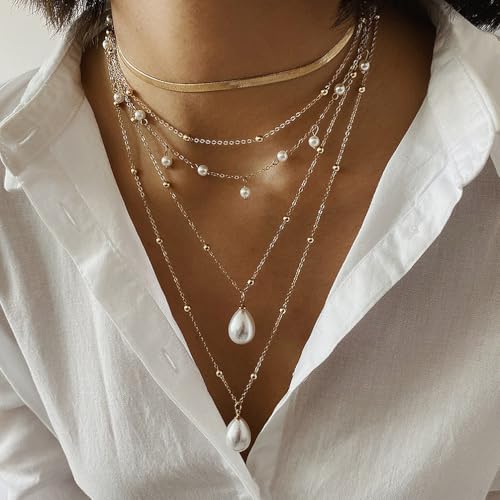 Long Gold Layered Pearl Pendant Necklace for Women, Chunky Boho Multistrand Pearls Beaded Choker Necklaces Stackable Snake Chain Statement Necklaces4