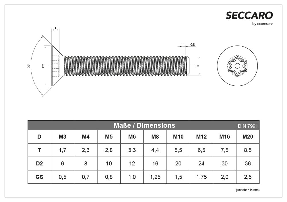 SECCARO Viti a testa svasata di sicurezza con pin M6 x 20 mm, in acciaio inox V2A VA A2, DIN 7991/ISO 10642, a esagono incassato (TX), filettatura completa, 20 pezzi