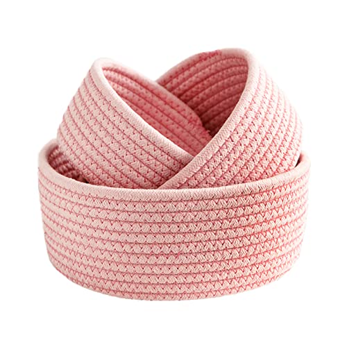 FQQWEE Lot de 3 petits paniers de rangement en corde de coton tissés roses pour bureau, panier décoratif rond en corde de coton pour entrée, bijoux, jouets,...