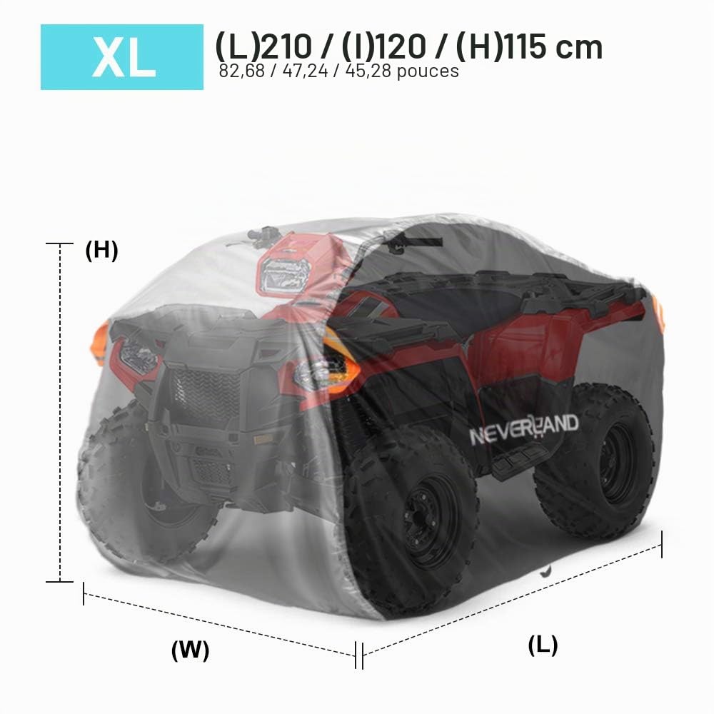 Housse de Protection pour Quad NEVERLAND 190T Bâche de Protection pour Moto ATV Double Face Disponible avec Bandes Réfléchissantes Imperméable Coupe-Vent Anti-UV Noir Argent 210 * 120 * 115cm