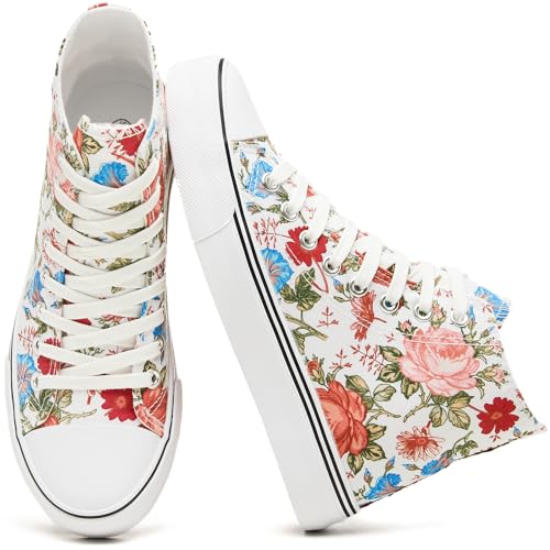 Image of yageyan Womens High Top Canvas Sneakers Fashion White Shoes for Women | Comfortable classic casual lace up slip on breathable tennis shoes