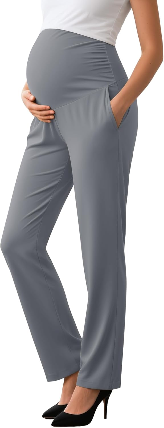 Sweetyweee Women's Maternity Pants Over The Belly Pregnancy Clothes for Work Stretchy Straight Dress Pants with Pockets