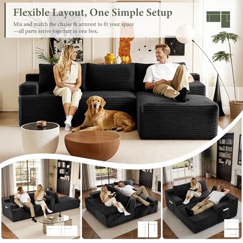 Image of 96 inch Sectional Couches for Living Room Cloud Couch Sofa with L-Shape Upholstered Boneless Couchs Modern Modular Sectional Couch with Chaise (Black, 95 inch W+Right Facing Chaise+2Seaters)