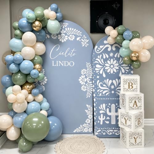 Image of Baby Shower Sage Green Dusty Blue and White Balloon Garland Kit 144 Pcs