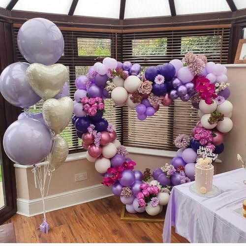 Image of Purple and White Balloons, 12in Lilac Lavender Helium Confetti Latex Purple Balloons with Ribbon for Women Kids' Birthday Party Baby Shower Wedding Anniversary Gender Reveal Princess Decoration
