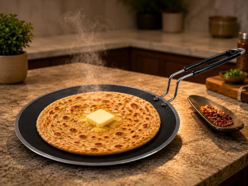 Image of Pure Iron Tawa for Roti & Chapati with Strong Steel Handle | Heavy Duty Curved Surface Iron Tava for Multipurpose Uses & Health Benefits | Non-Toxic, No Chemical Layers | Gas Stove | 10 Inch, 1 KG