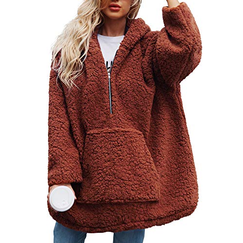 Rovinci_Womens Warm Plus Size Hoody Artificial Wool Coat Hooded Zipper with Kangaroo Pocket Sweatshirt Winter Parka Outerwear Brown