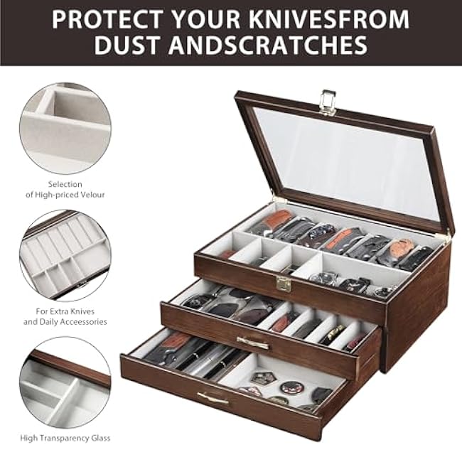 Pocket Knife Display Case for Collection of 30-36 Folding Knives, Pocket Case with Real Glass Window Top, Three-Tier Knife Organizer Storage Box, Men's Gift (Walnut)