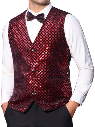 Lars Amadeus Argyle Sequin Vest for Men's V-Neck Party Nightclub Shiny Sleeveless Suit Metallic Waistcoat