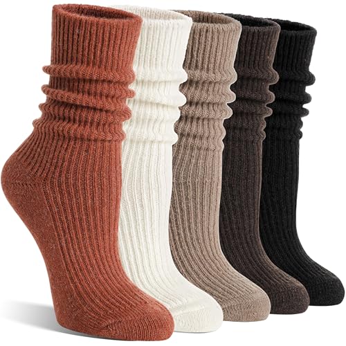 SAVALOS Women Merino Wool Slouchy Boot Socks Warm Winter Thermal Slouch Scrunch Cozy Knit Comfy Hiking Work Gifts Socks 5 Pairs Stocking Stuffers(White/Khaki/Orange/Brown/Black,Medium)