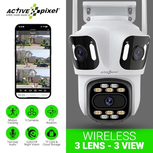 Image of Active Pixel A9 4+4+4MP Triple Lens WiFi Outdoor Security Camera | 8 LED Full-Color Night Vision | 360 PTZ | Motion Tracking | Two-Way Audio | Waterproof Wireless CCTV for Home & Office.