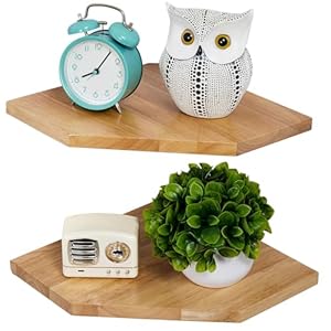 Corner Wall Shelves, Corner Floating Shelves Set of 2 Solid Oak Wood Display Shelf with Wire Hole Small Plant for Kitchen Living Room Natural
