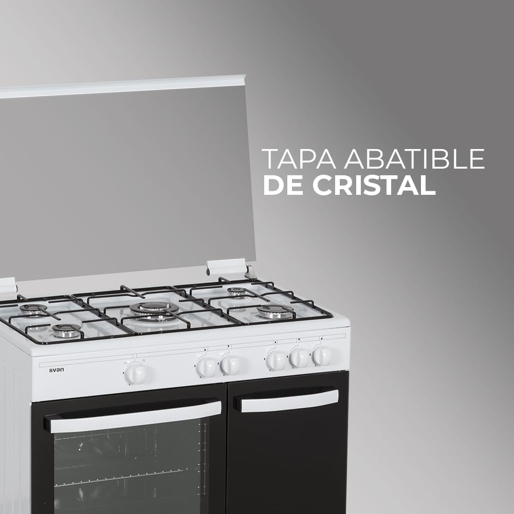 Svan Cocina Gas Butano 5 Zonas de Cocción, Horno 59 L, Blanco SKGW5900PB. Control Manual, Quemador WOK triple llama, 2 Programas de Cocción, Cristal en Puerta de Doble Capa, Tapa Abatible