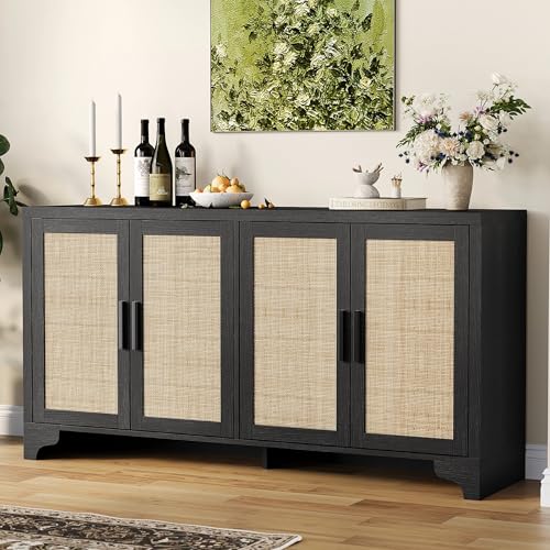 GarveeHome 4-Door Sideboard Buffet Cabinet, Natural Rattan Storage Cabinet, Boho Entryway Console Table, Coffee Bar Station for Dinning Room, Living Room, Kitchen, Black
